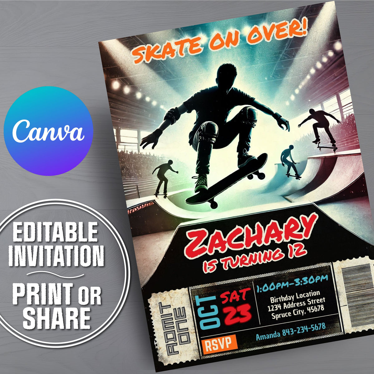A customizable skateboarding themed birthday invitation card shown at an angle on a gray textured background. The invitation features a skateboarder silhouette on a ramp with the text in bold red and orange lettering.