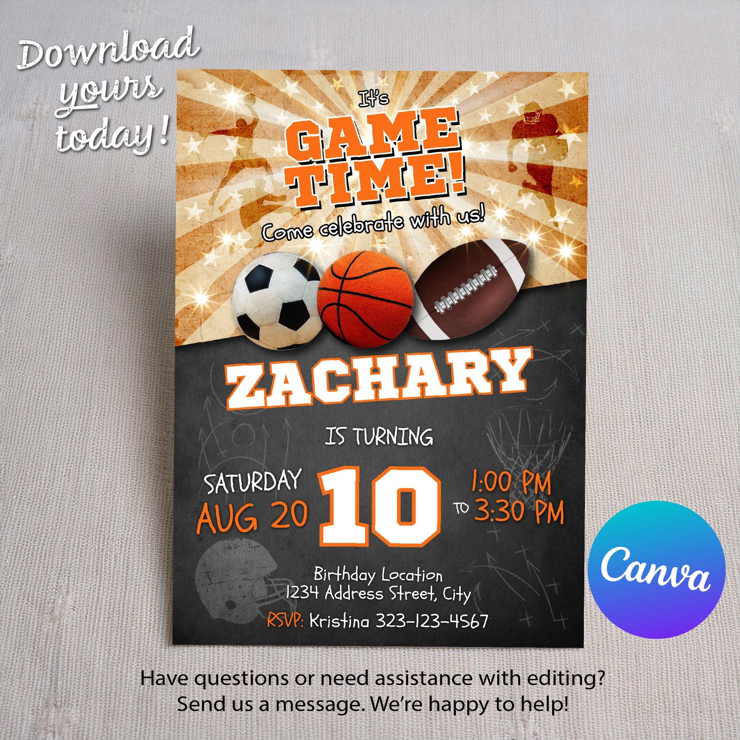 Sports birthday invitation Soccer Basketball Football