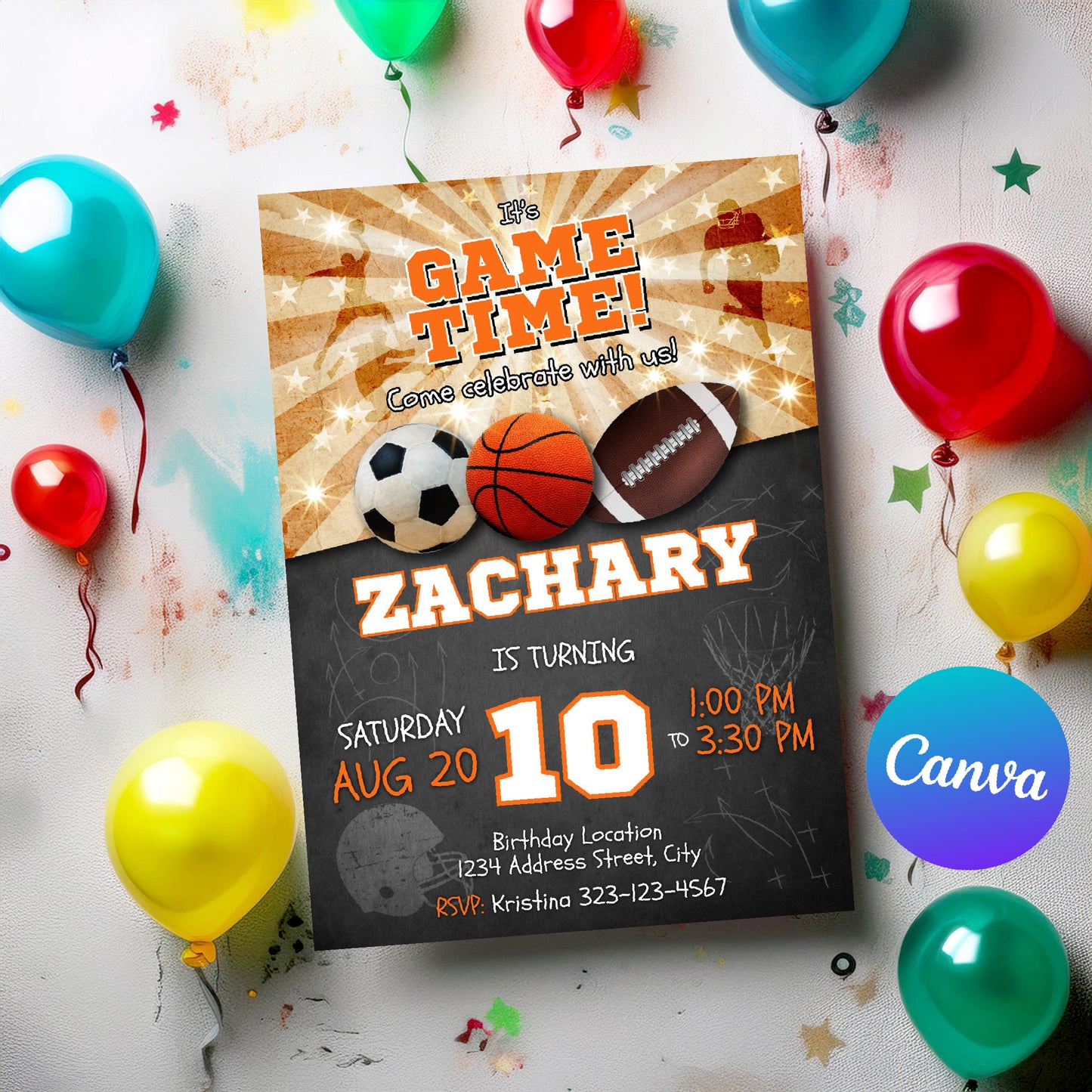 Sports birthday invitation Soccer Basketball Football