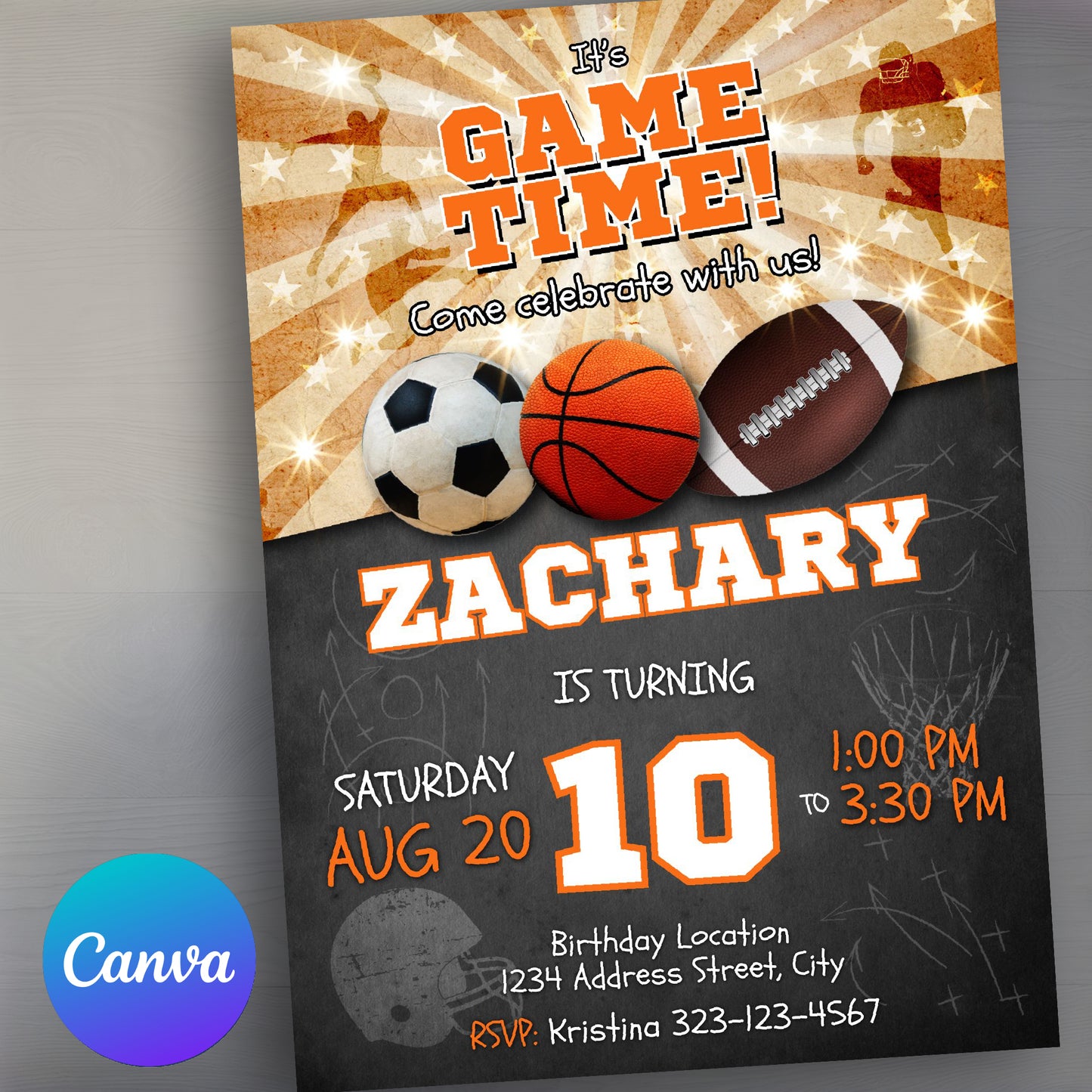 Sports birthday invitation Soccer Basketball Football
