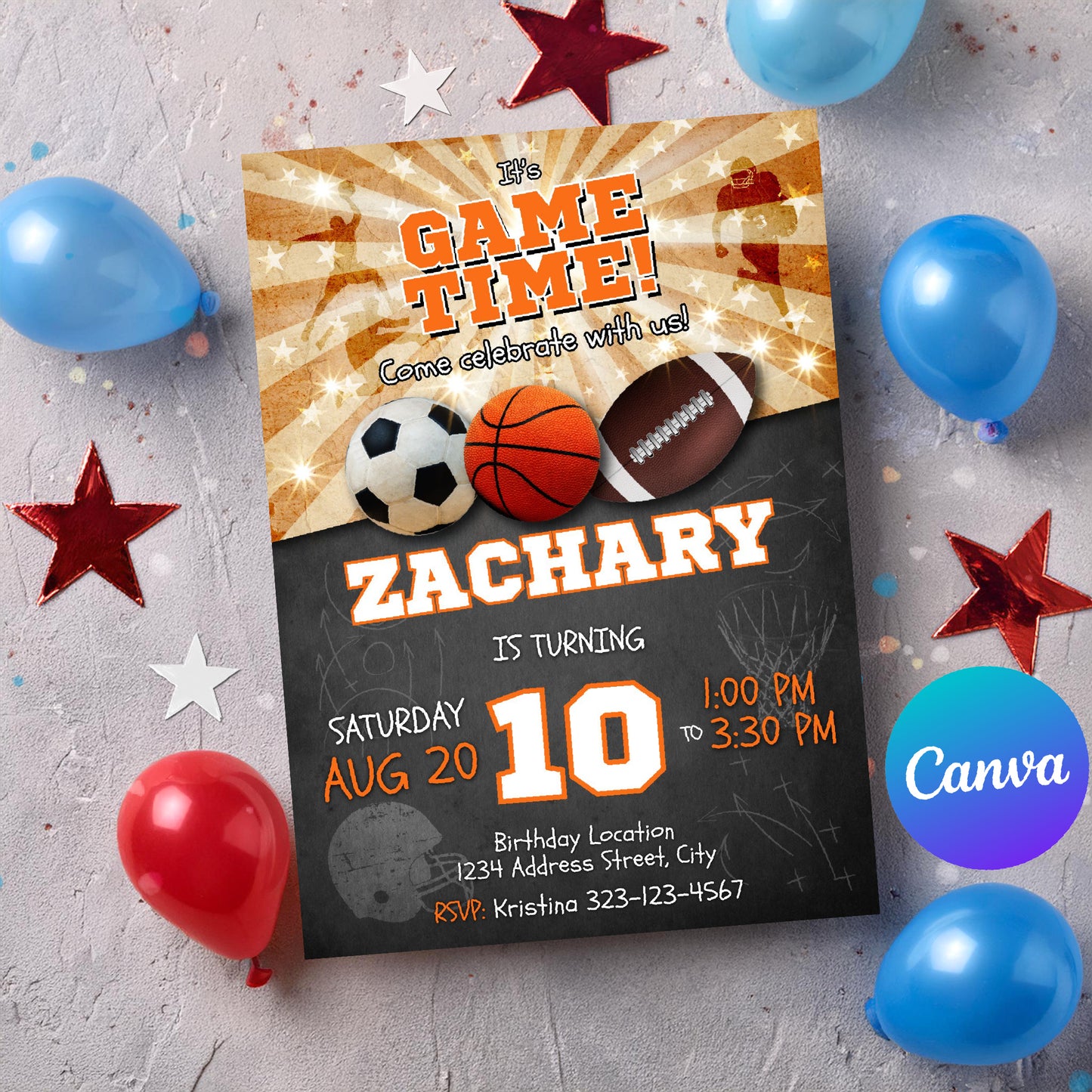 Sports birthday invitation Soccer Basketball Football