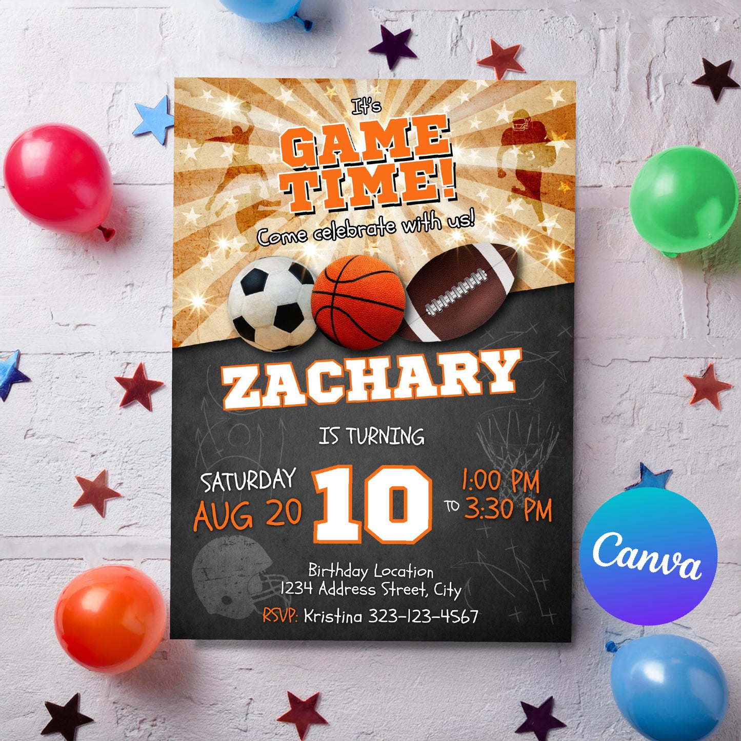 Sports birthday invitation Soccer Basketball Football