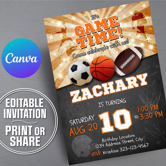 Birthday invitation card with sports theme and Canva branding
