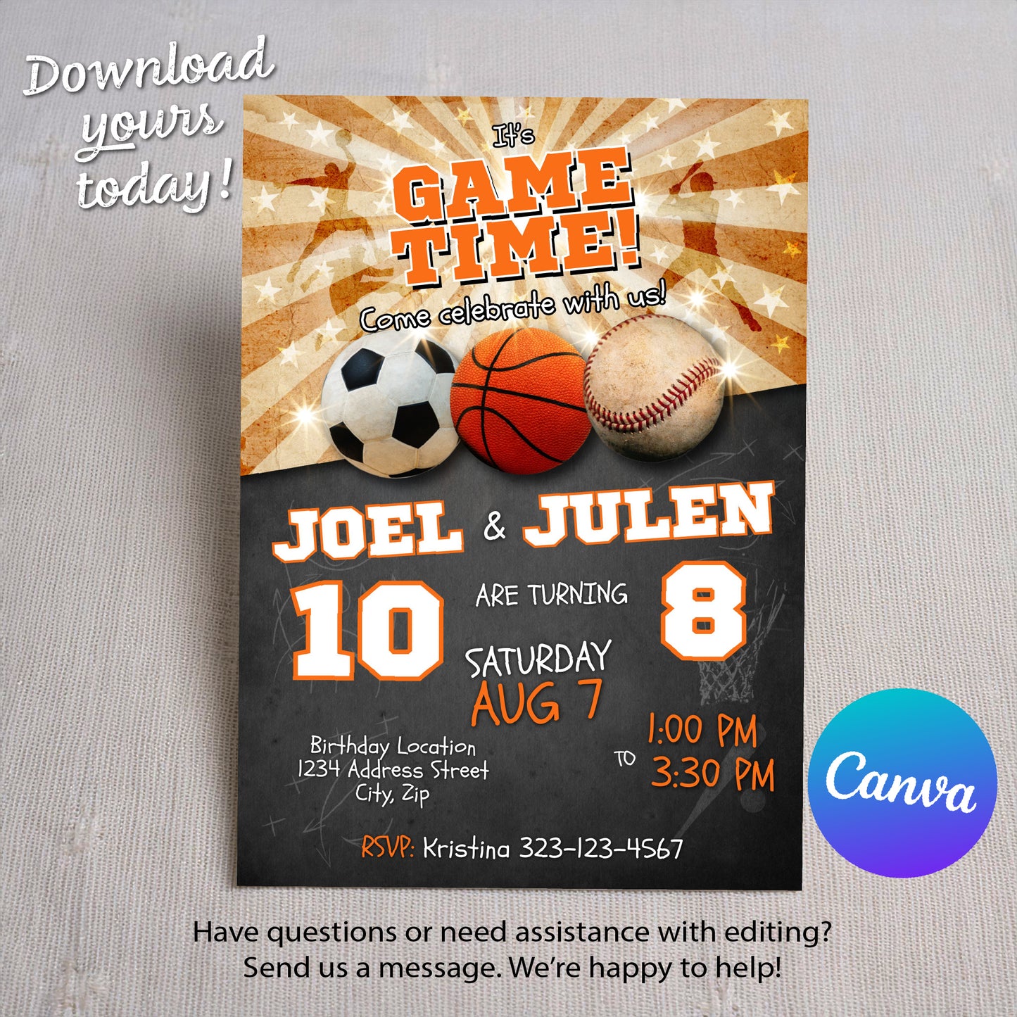 Sports birthday invitation soccer basketball baseball Joint invite