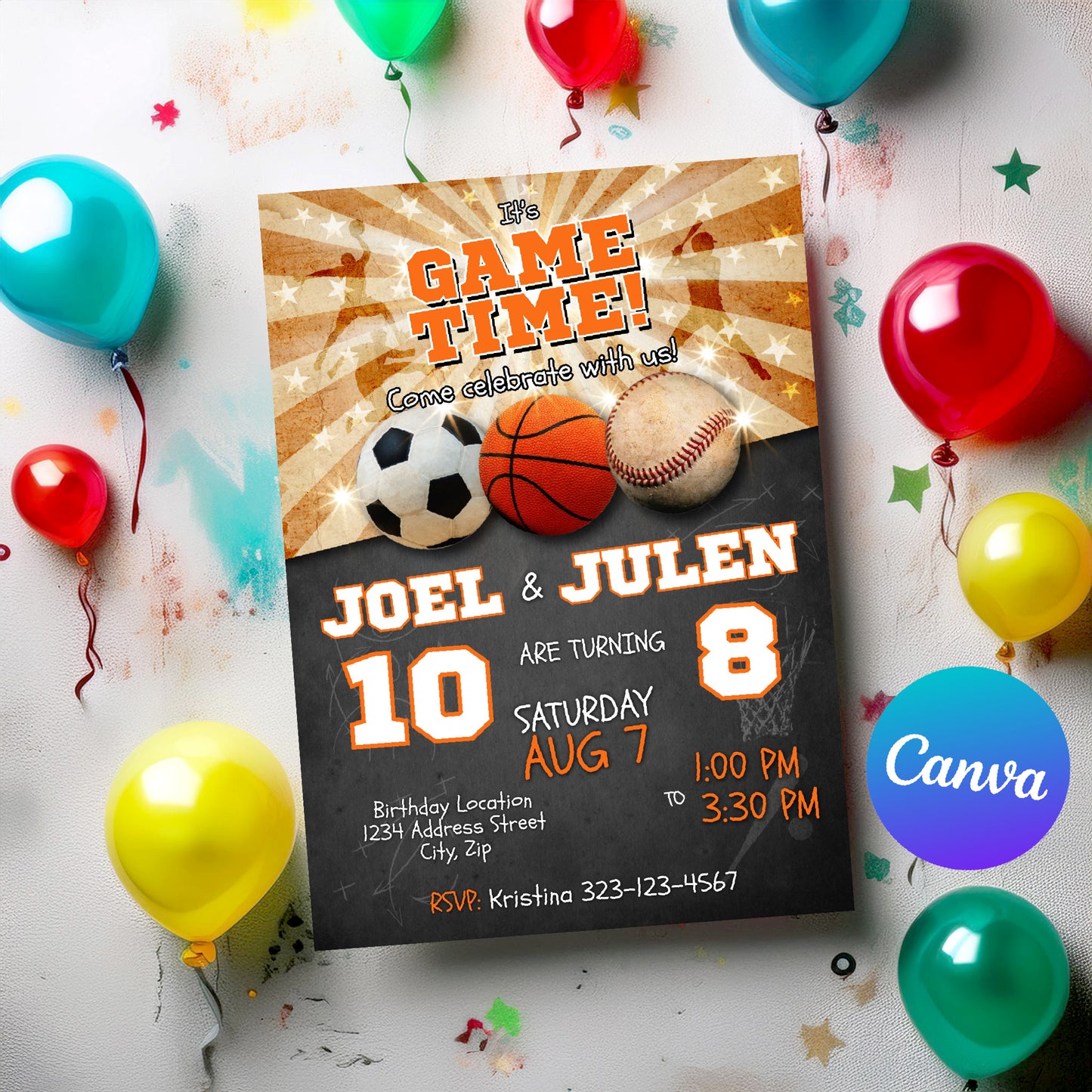 Sports birthday invitation soccer basketball baseball Joint invite