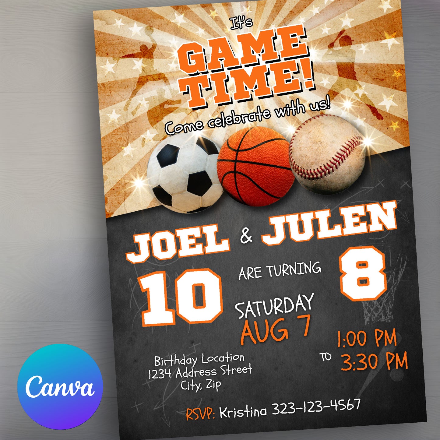 Sports birthday invitation soccer basketball baseball Joint invite