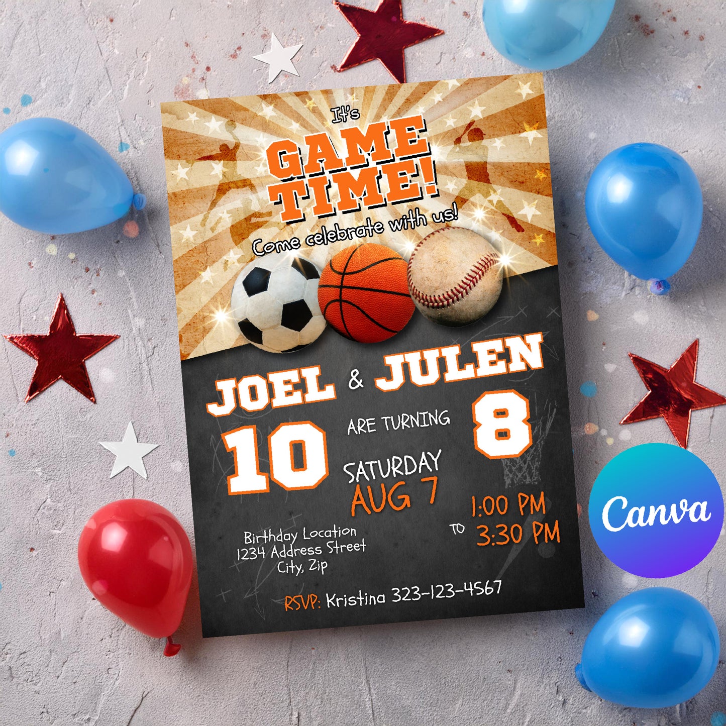 Sports birthday invitation soccer basketball baseball Joint invite