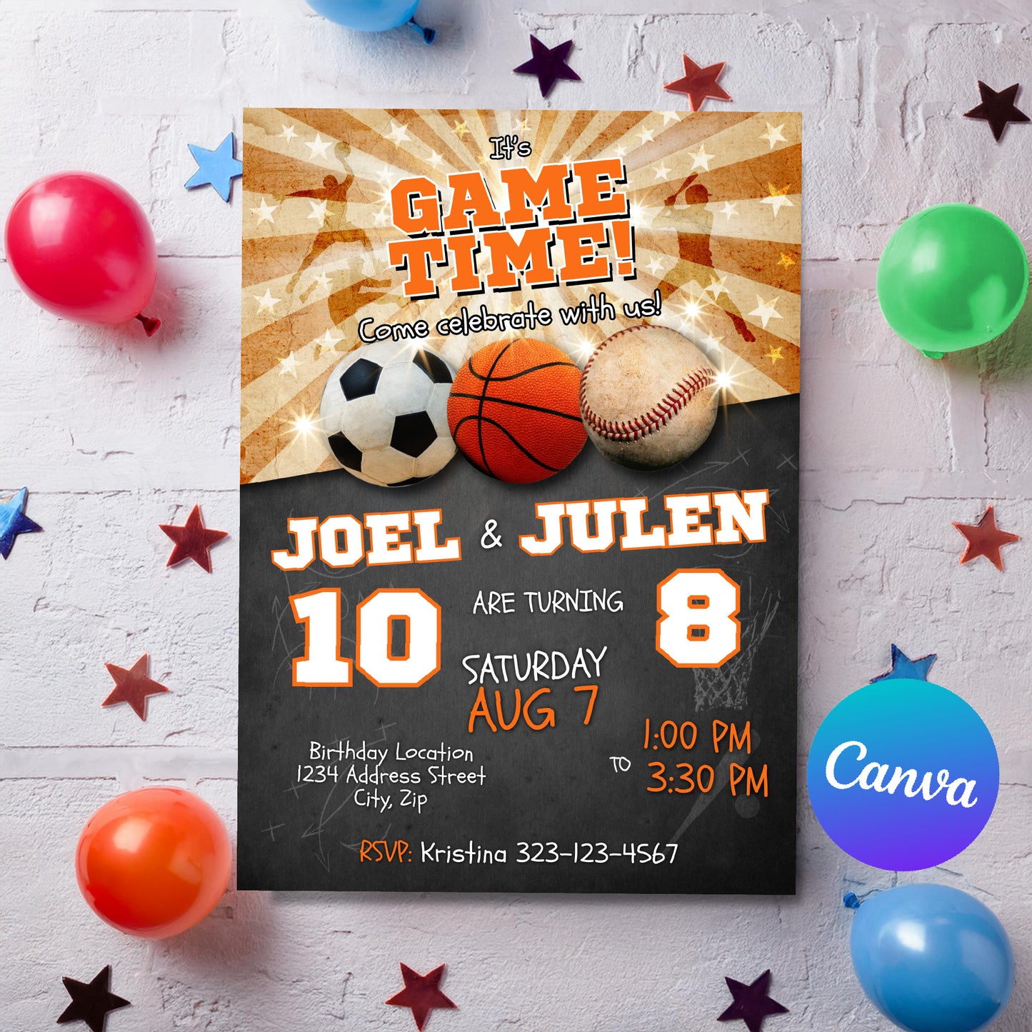 Sports birthday invitation soccer basketball baseball Joint invite