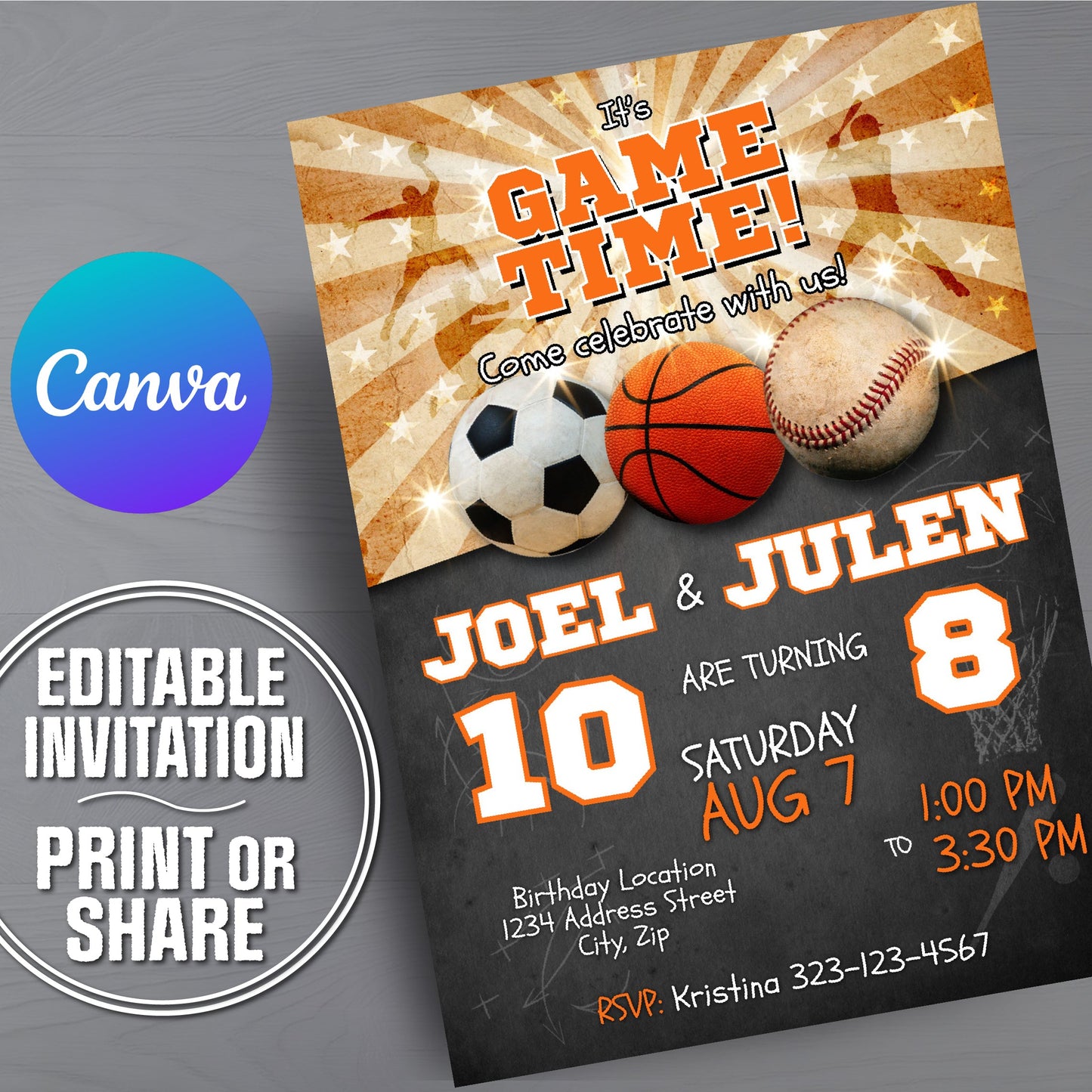 Colorful assorted sports birthday invitation featuring a soccer ball, basketball, and baseball.