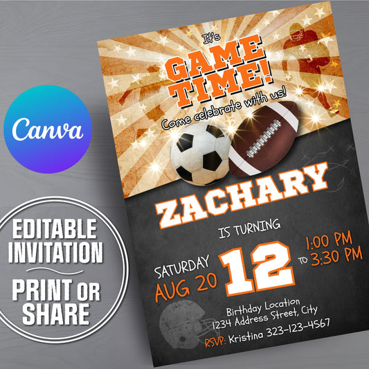 Birthday invitation card with sports theme and Canva branding
