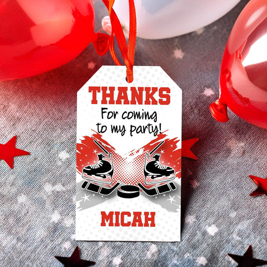 Hockey Thank You Tag, Hockey Birthday Party Favor Tag RED