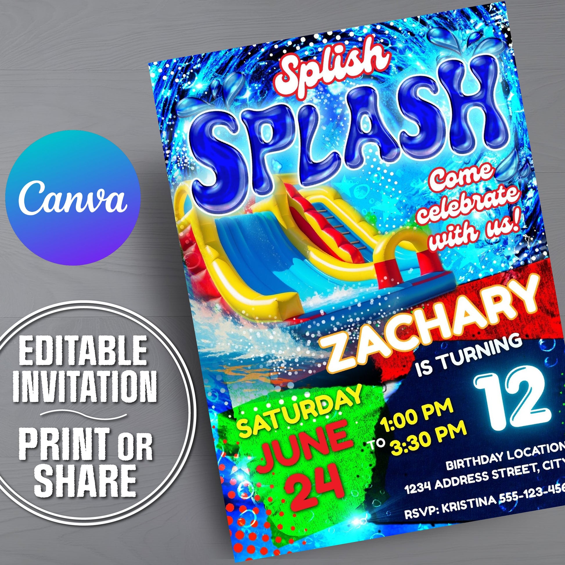Birthday invitation card with 'Splish Splash' theme and Canva branding.