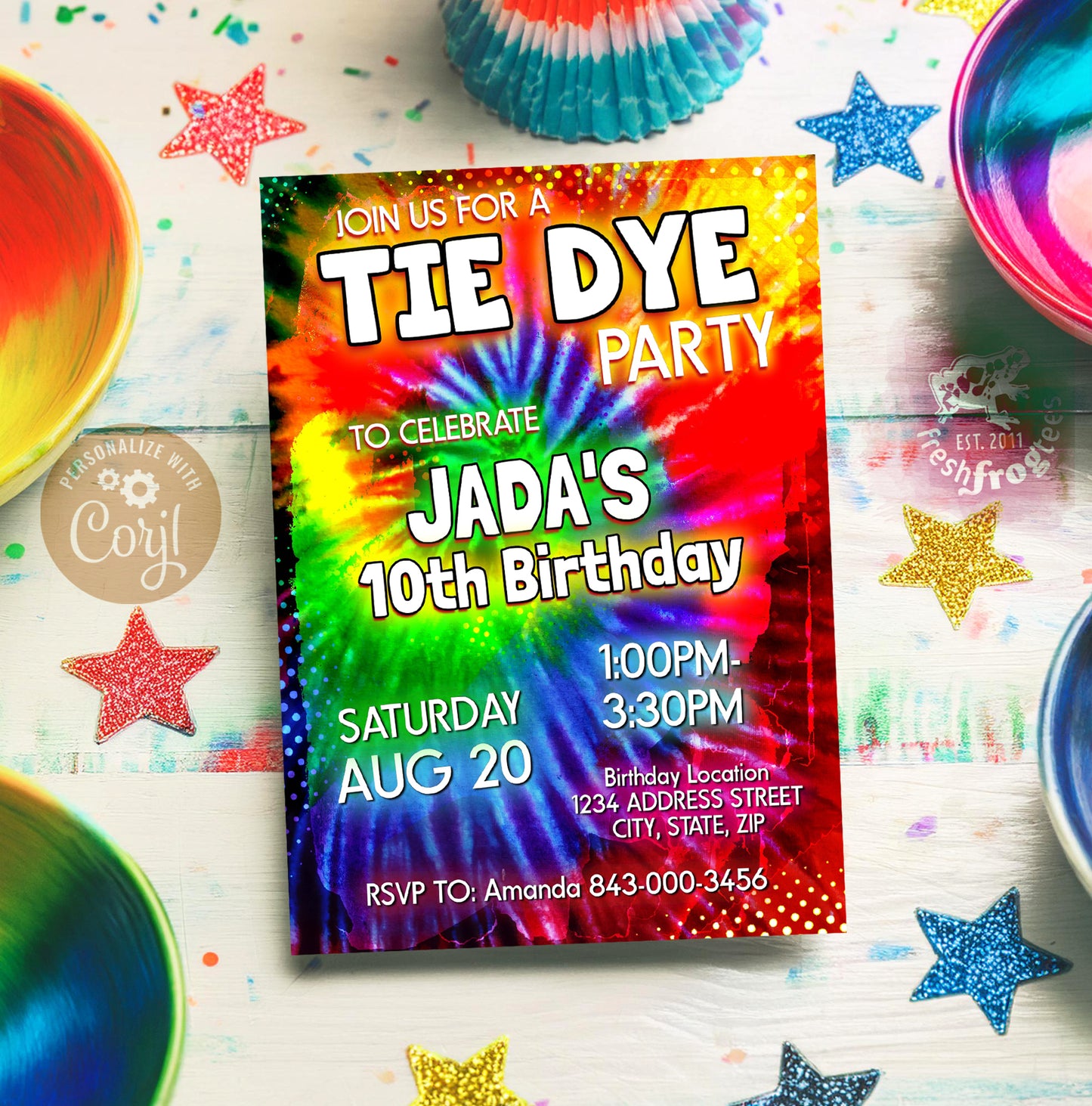 Tie Dye Birthday Invitation rsvp-Easy Edit!