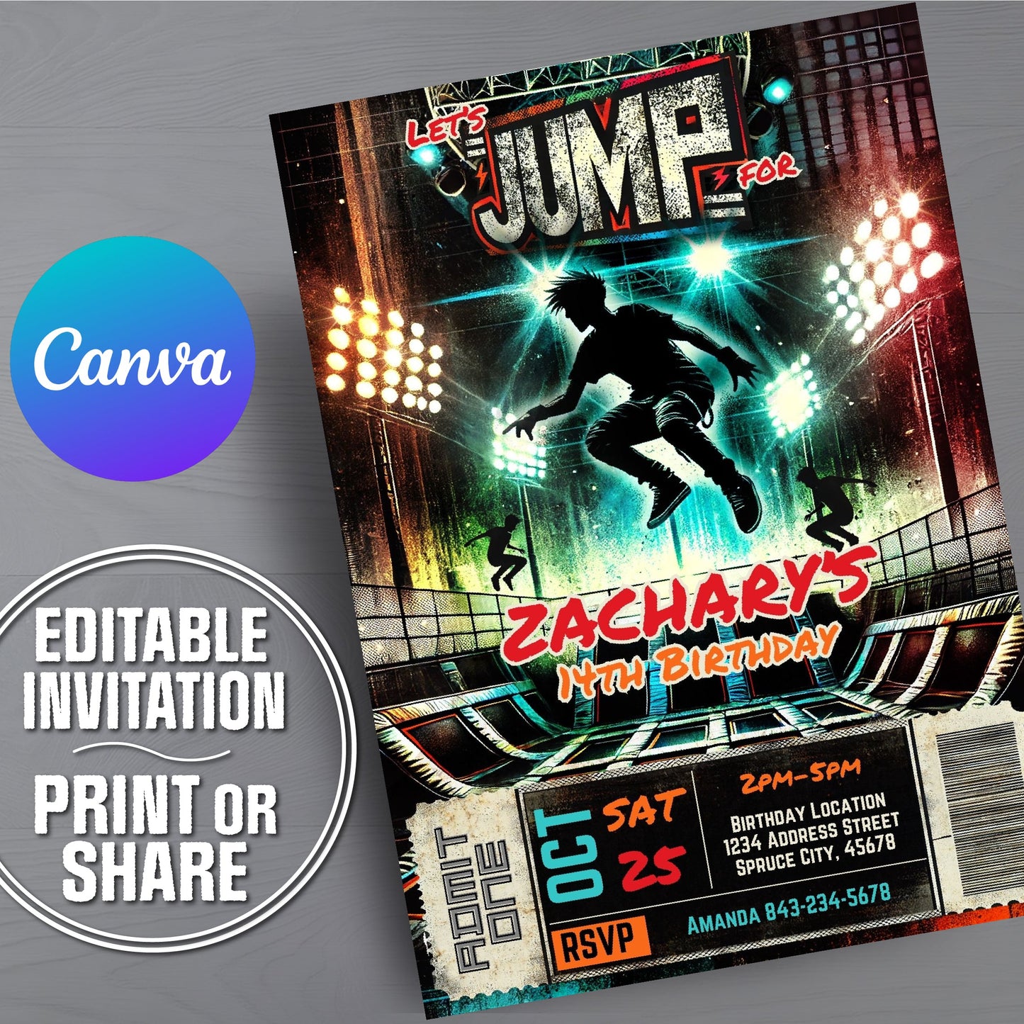 A digital mockup of a customizable party invitation template for a birthday, featuring a neon stage design with a silhouetted dancer. The invitation is displayed at an angle on a gray textured background.