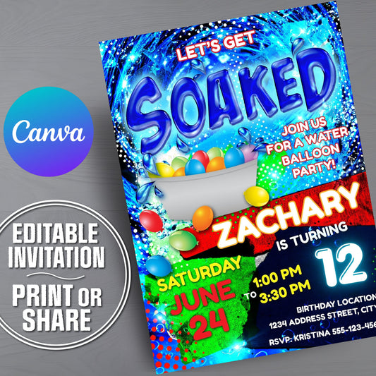 Birthday party invitation with colorful balloons and text on a gray background, featuring the Canva brand.