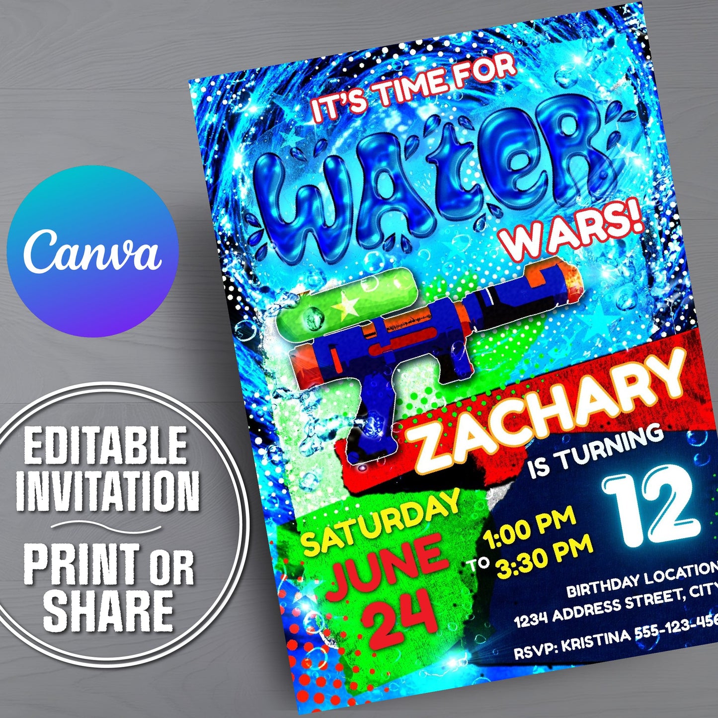 Birthday invitation card for a water gun battle themed party with colorful design and text.