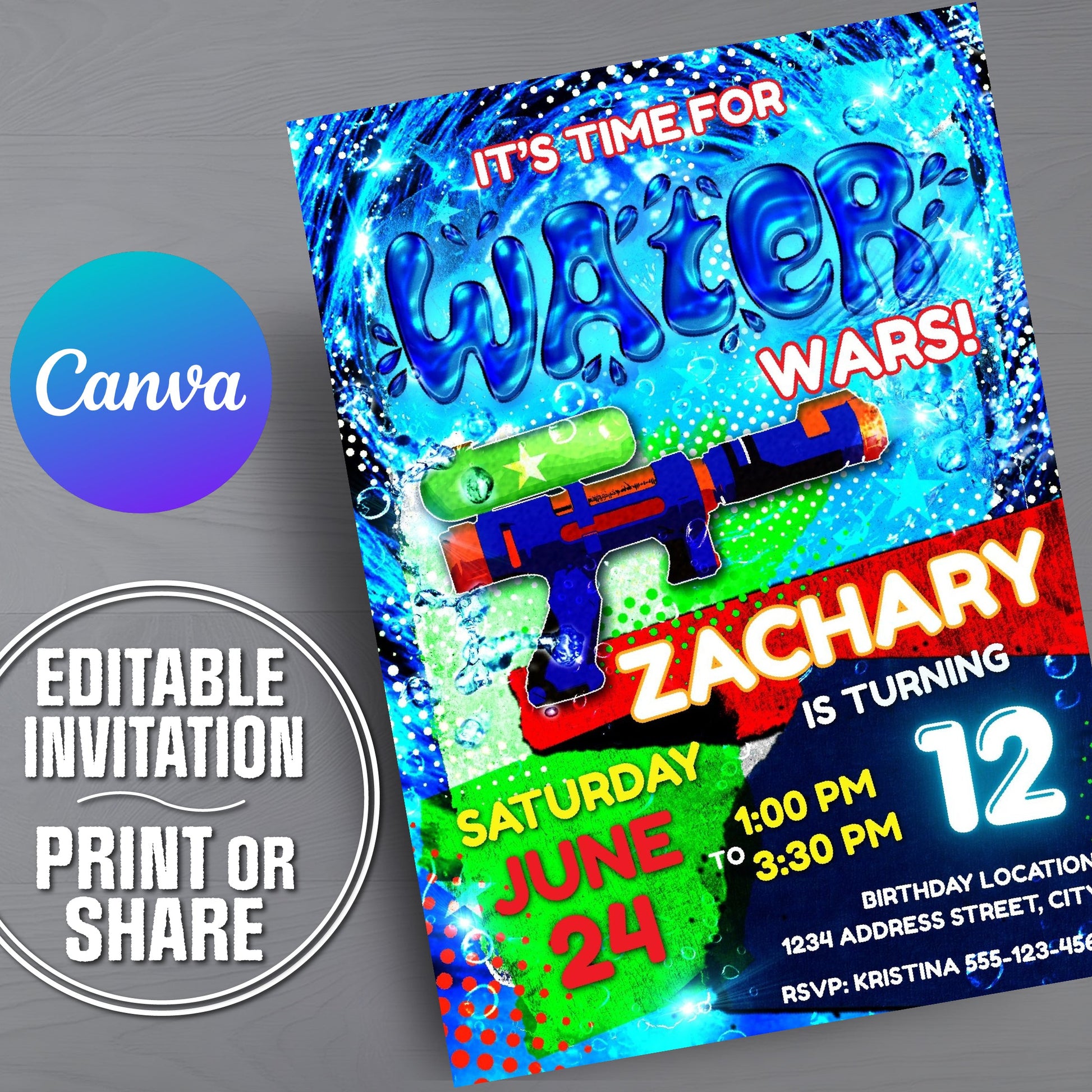 Birthday invitation card for a water gun battle themed party with colorful design and text.