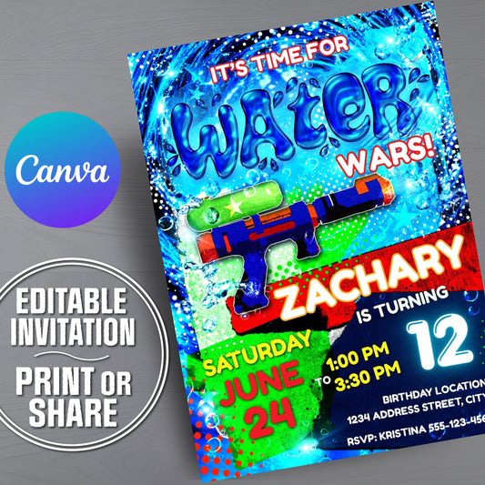 Birthday invitation card for a water gun battle themed party with colorful design and text.