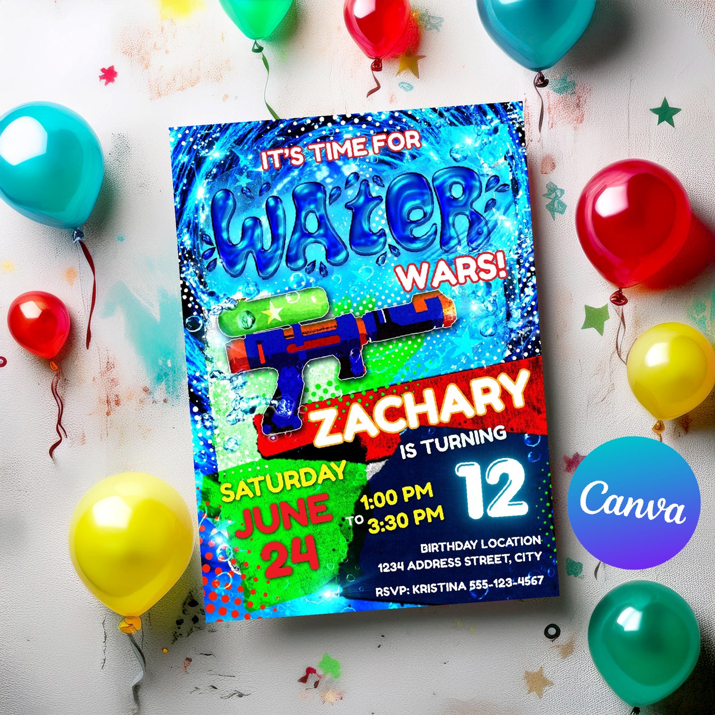 Water Gun Birthday Invitation Template | Customizable Splash Party Invite