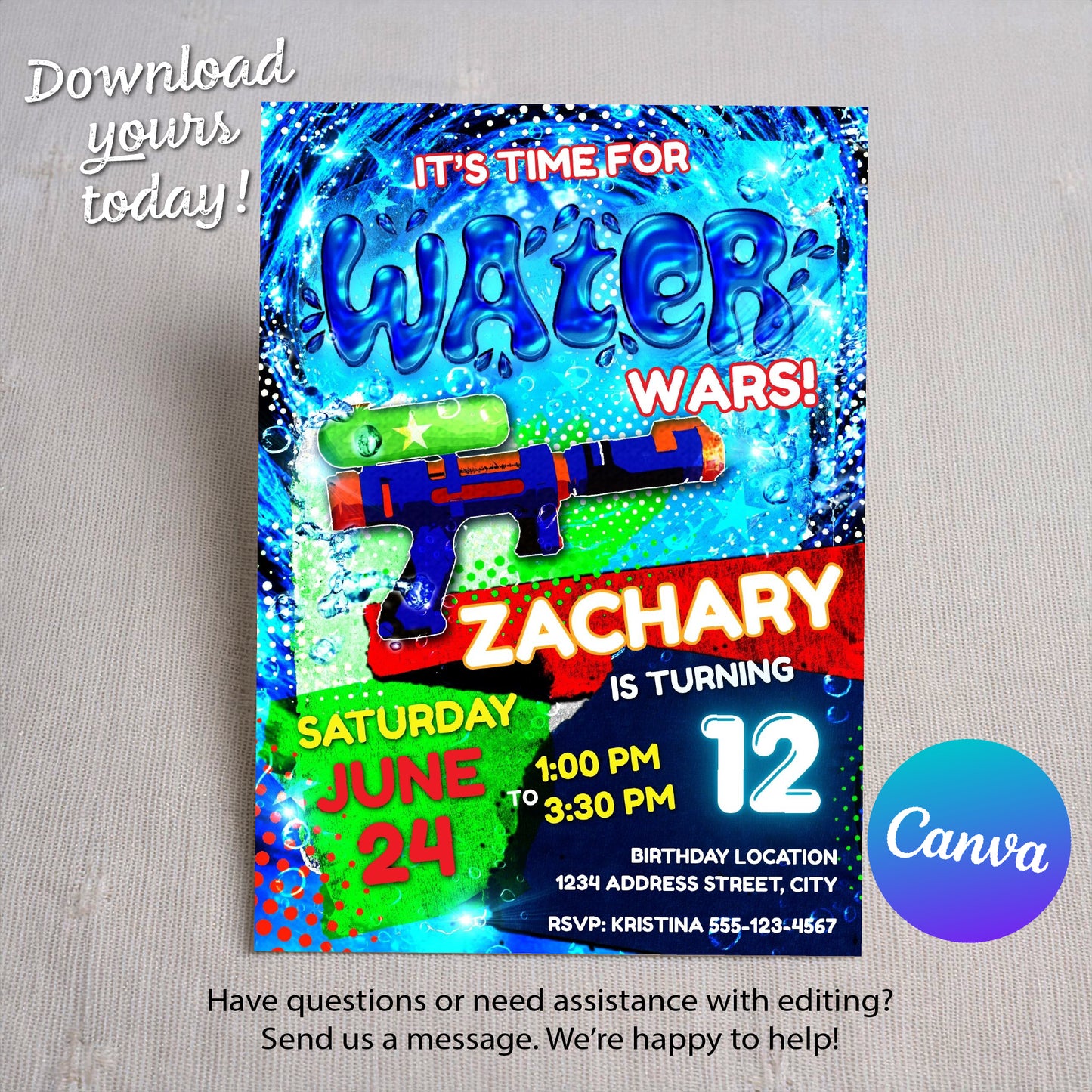 Water Gun Birthday Invitation Template | Customizable Splash Party Invite