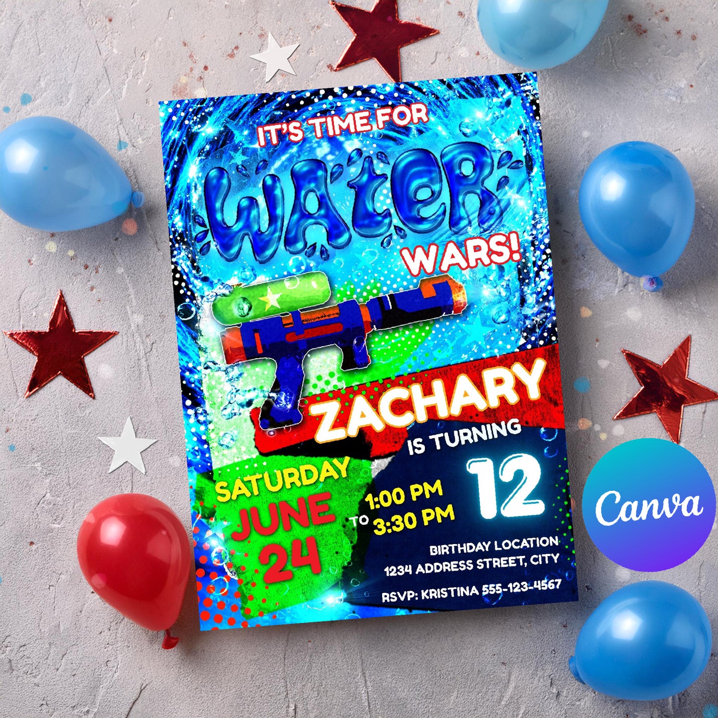 Water Gun Birthday Invitation Template | Customizable Splash Party Invite
