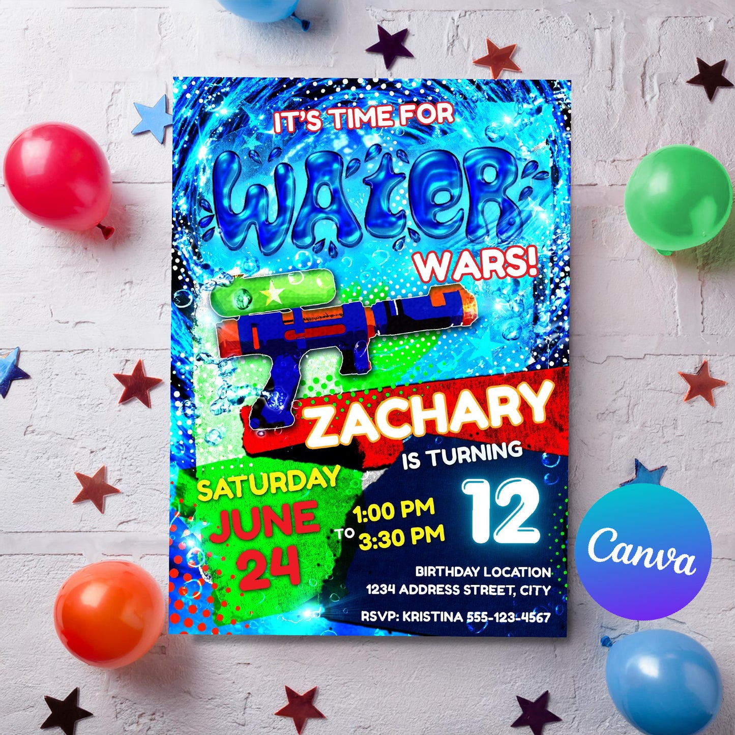 Water Gun Birthday Invitation Template | Customizable Splash Party Invite