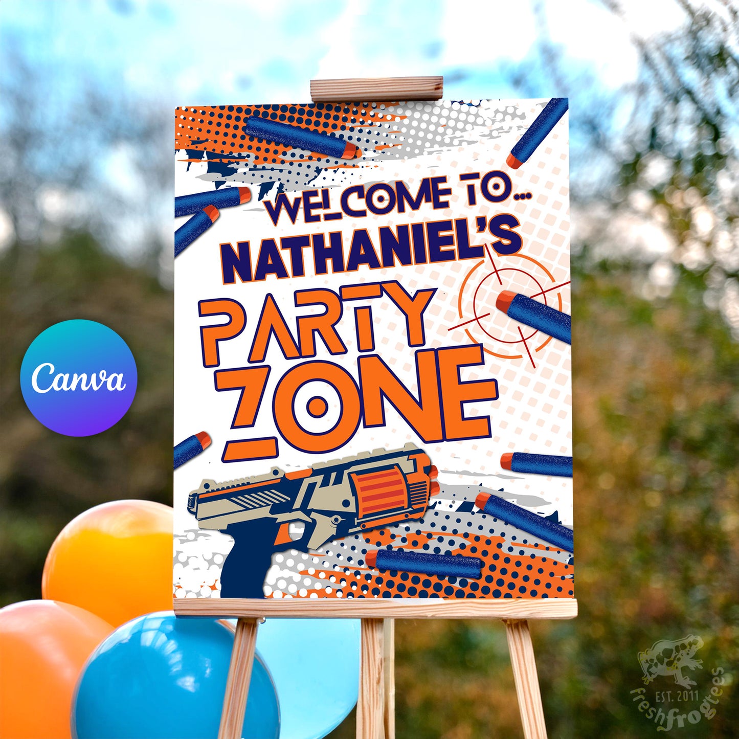 Party zone sign with nerf gun graphics on an easel outdoors