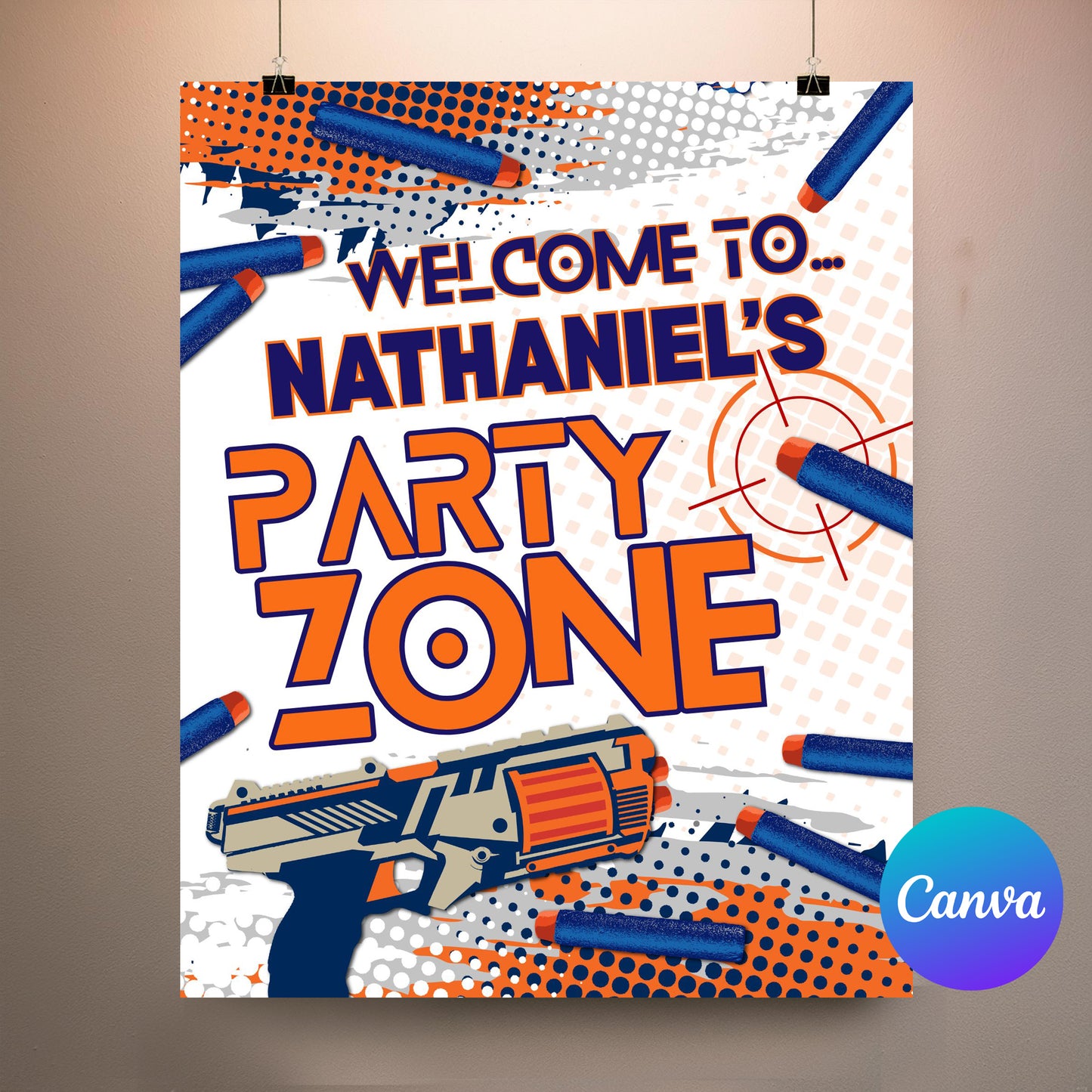 Dart Gun Party Welcome Sign Poster | Orange & Blue Theme