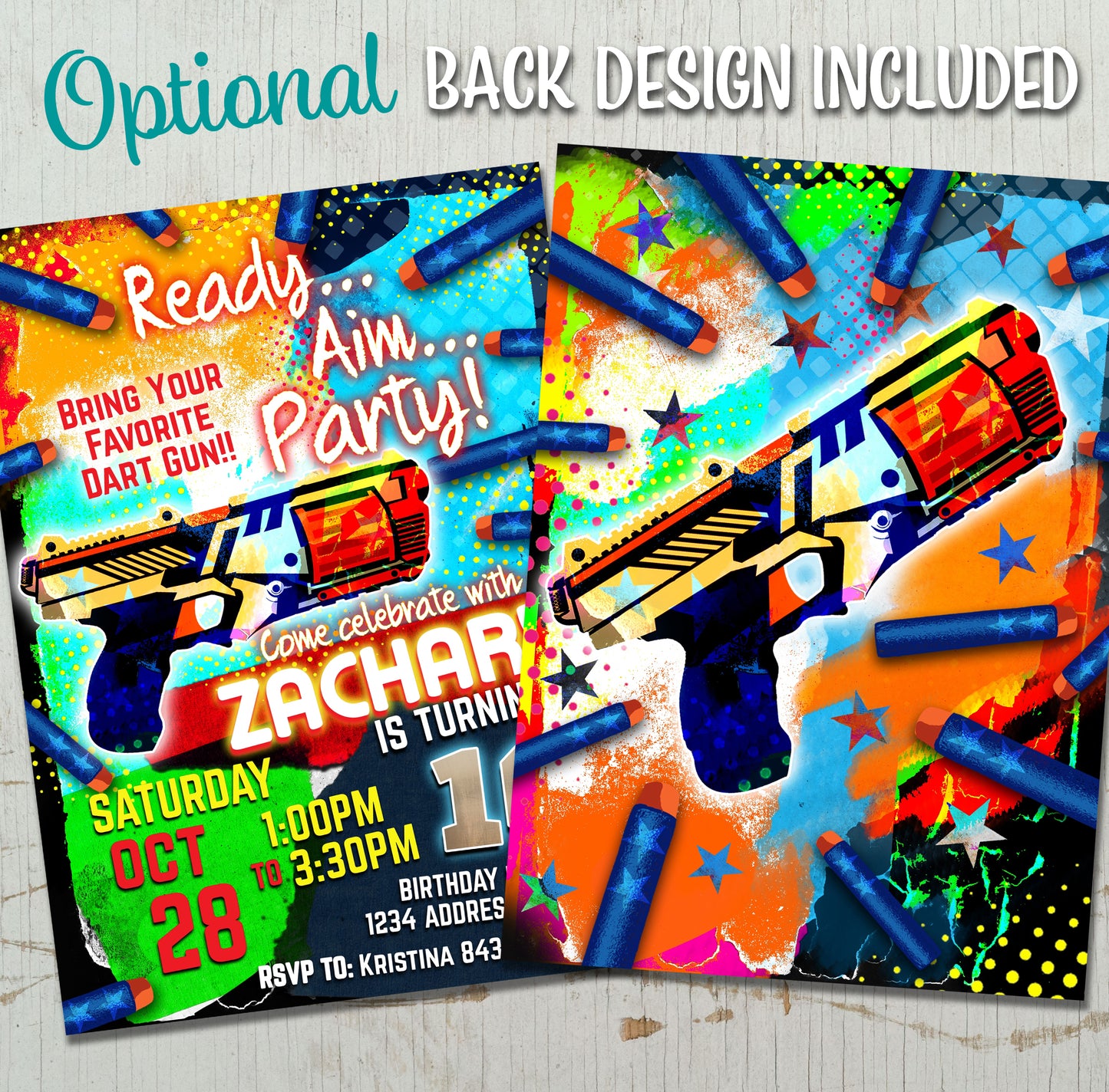 Colorful and vibrant Dart gun birthday invitation