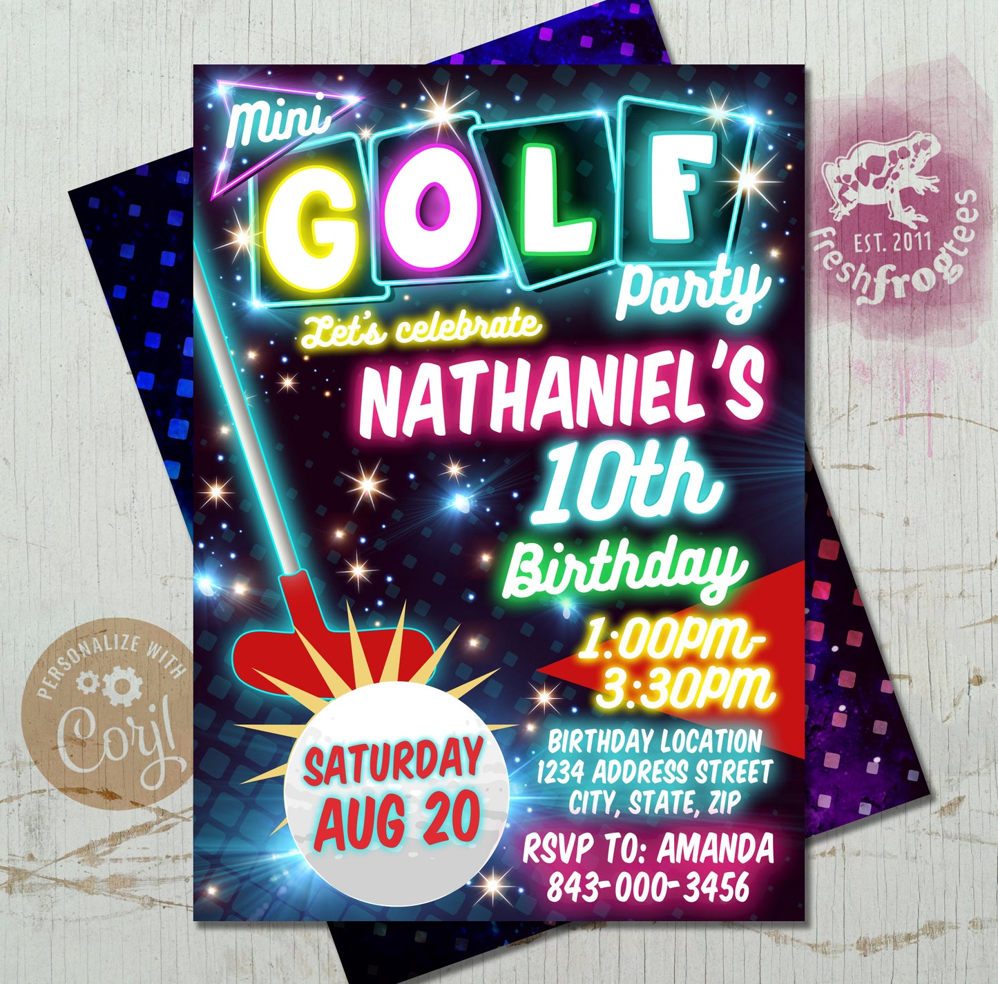 Mini Golf Birthday Invitation - Neon Glow Theme