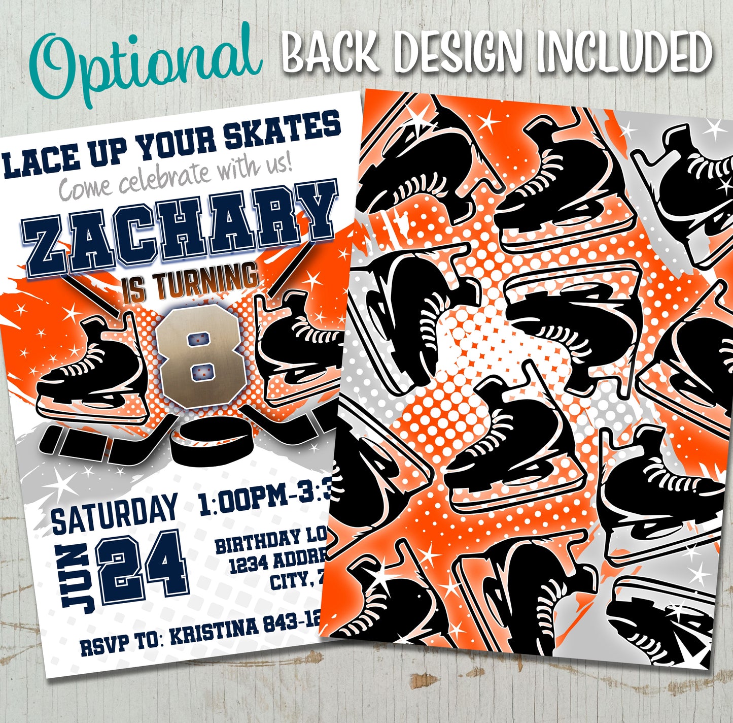 Hockey Birthday Invite, Skating birthday invitation ORANGE- Easy Edit!