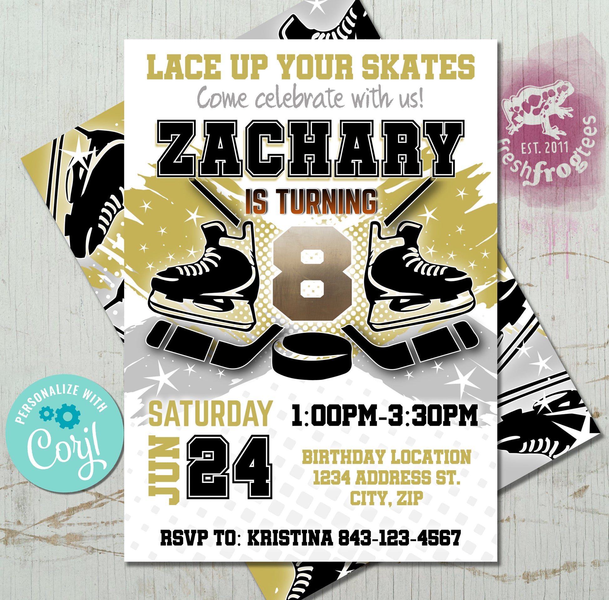 Gold hockey birthday invitation template with stick and puck.