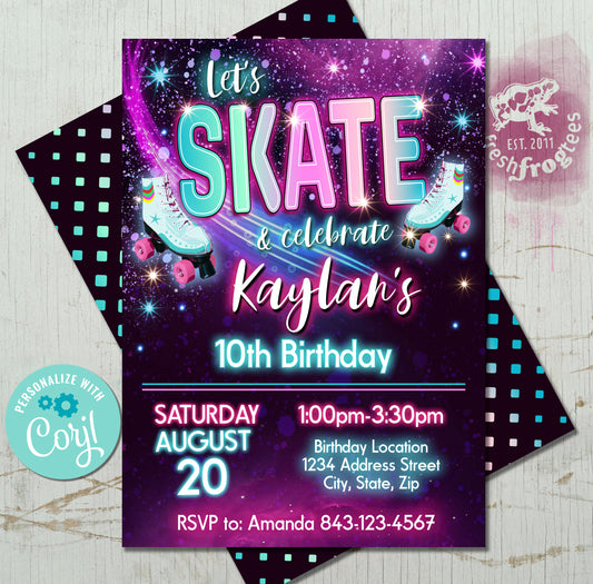 Neon glow roller skating birthday invitation template featuring vibrant colors and skate designs