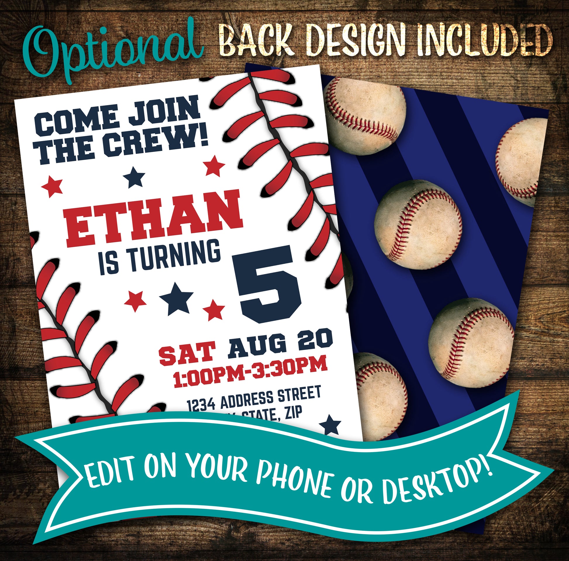 baseball birthday invitation with optional back