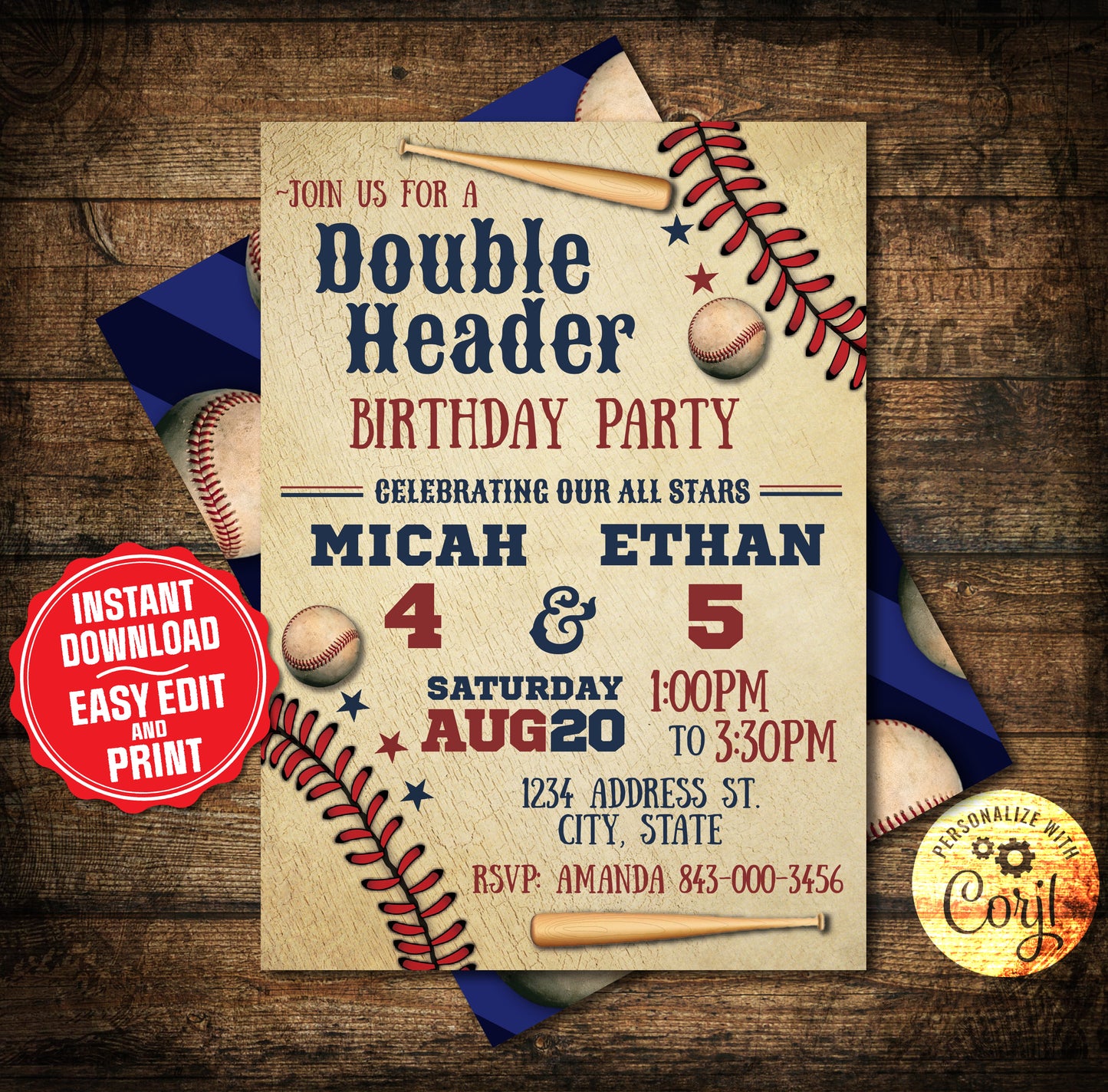Baseball birthday invitation Double Header Invite