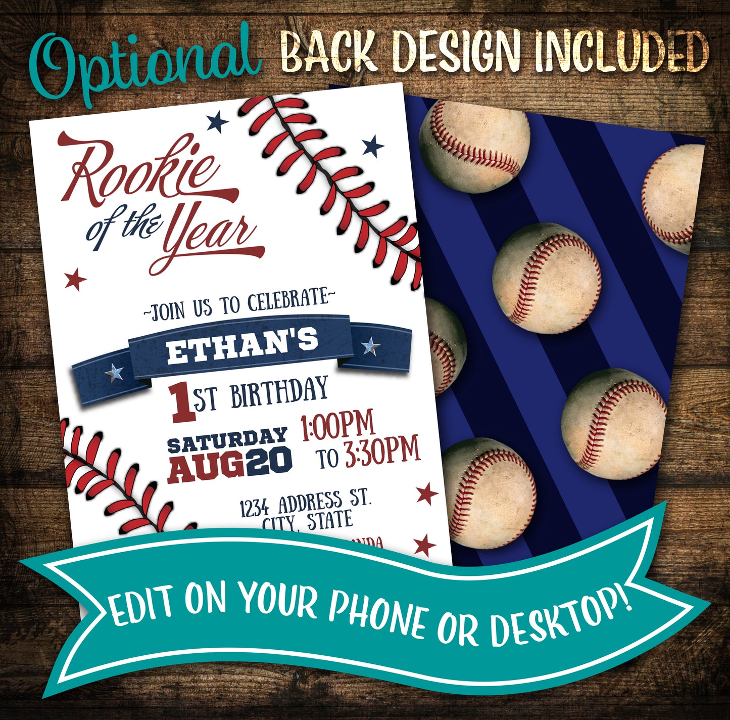 Rookie of the year first birthday invitation with back design