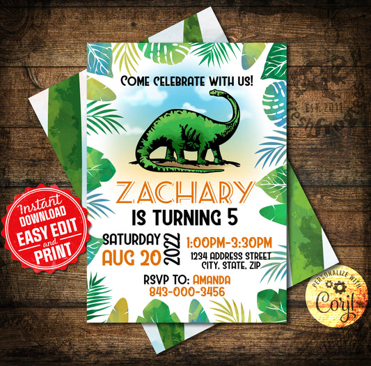 Dinosaur Birthday Invitation, Brontosaurus birthday
