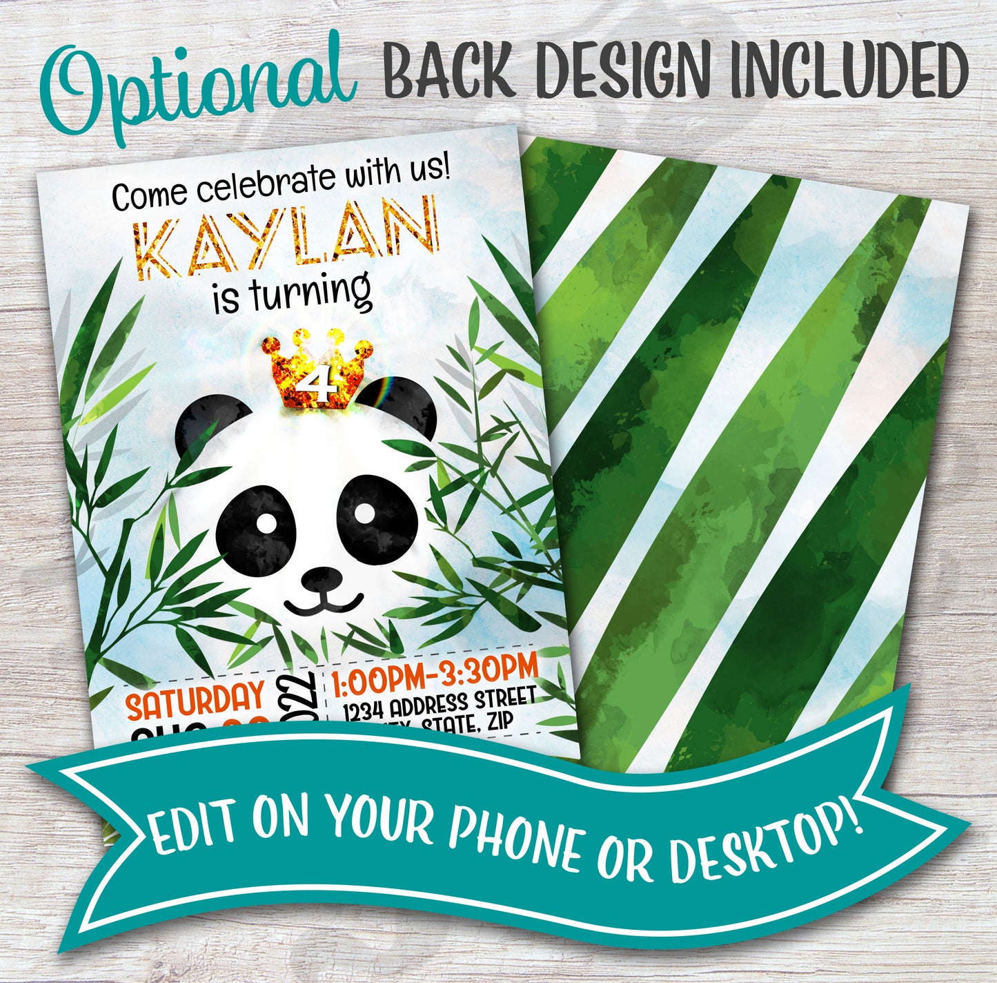 panda birthday invite with bamboo leaves on back