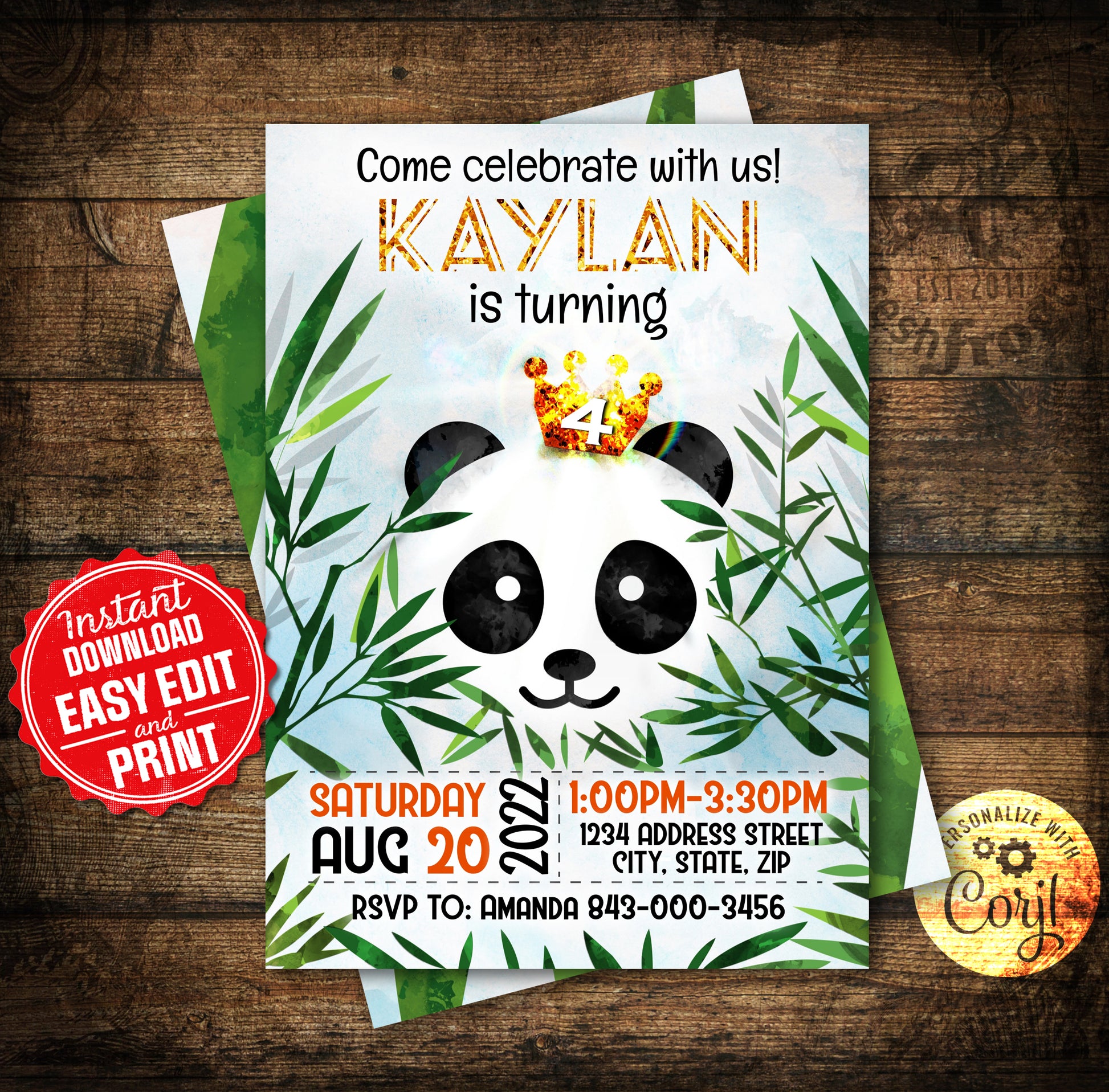 Panda birthday invitation with glitter crown