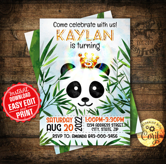 Kids panda birthday invitation with glitter crown