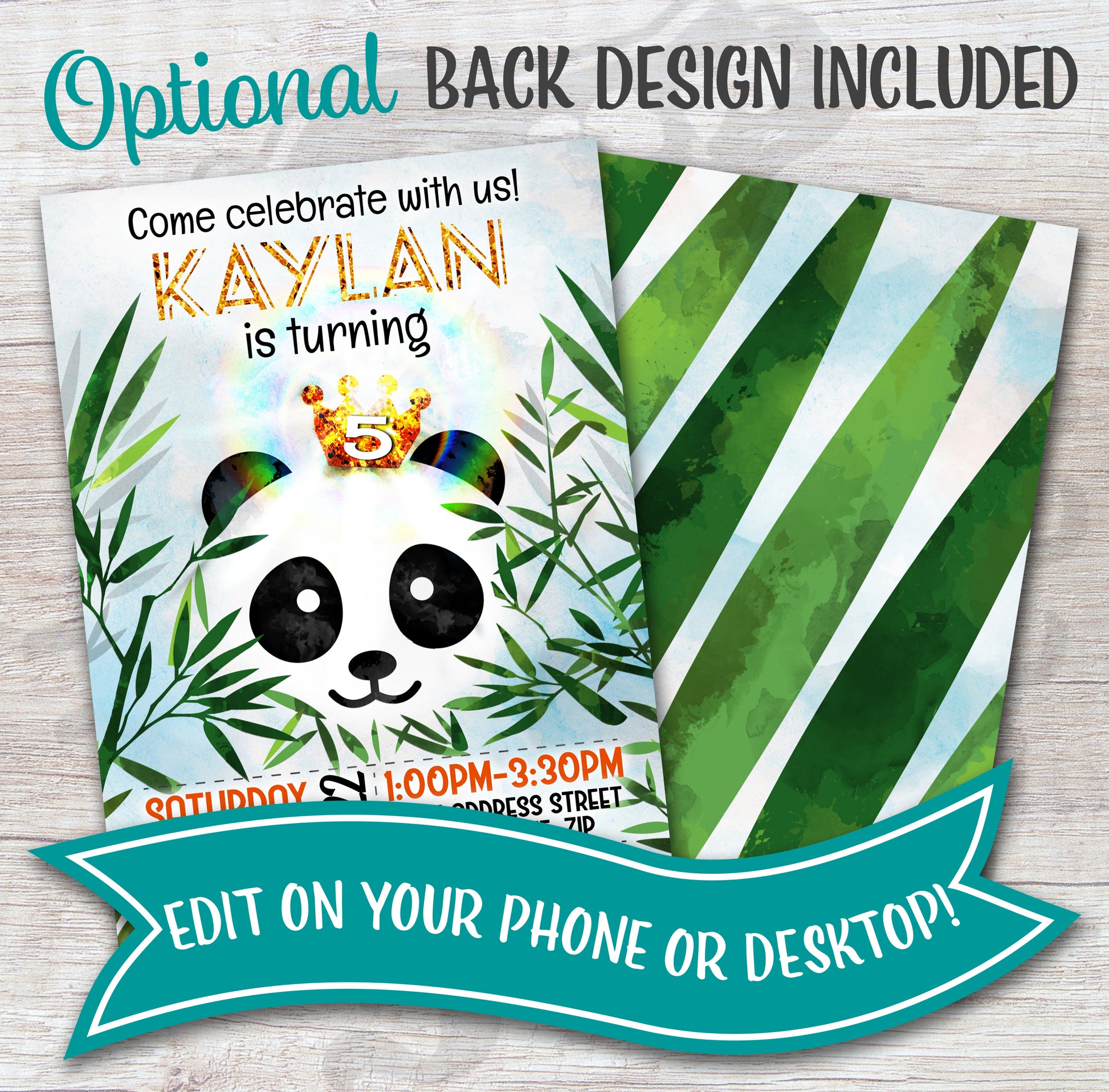 Panda birthday invitation back design included