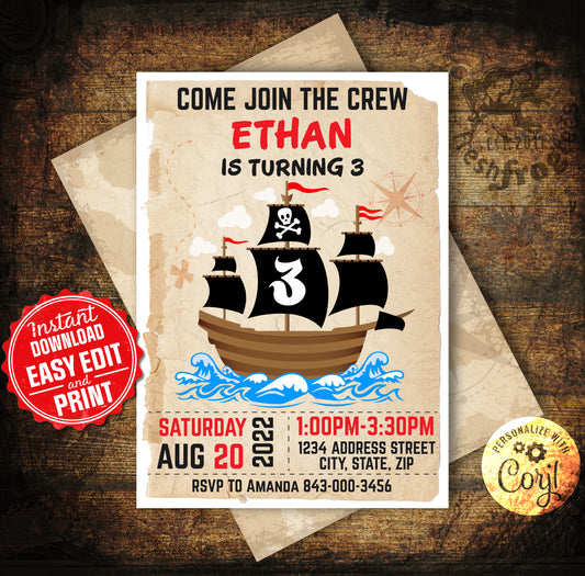 Vintage pirate ship birthday invitation