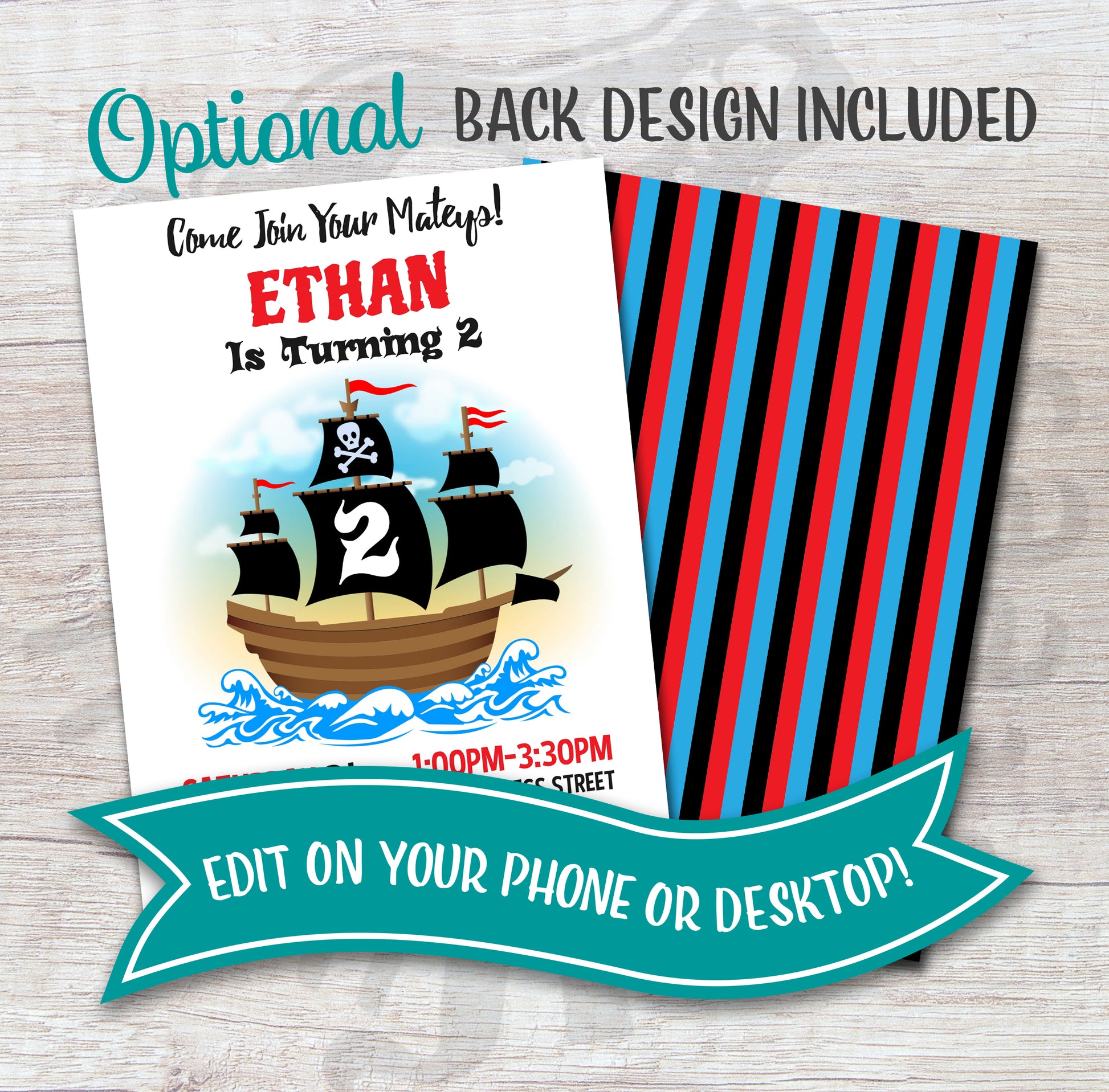 Pirate ship birthday invitation with back design