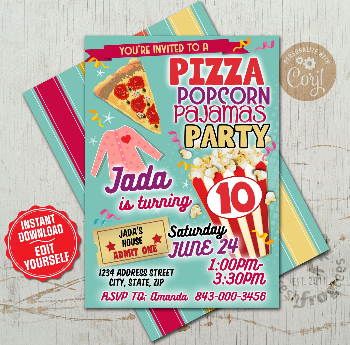 Pizza Popcorn Pajama Party Birthday Invitation rsvp