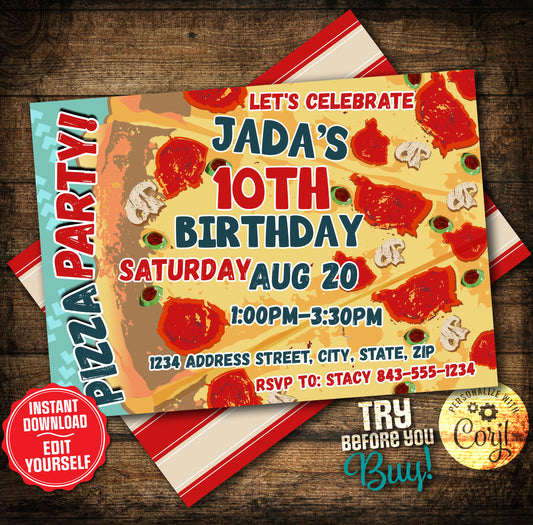 Pizza Birthday Invitation rsvp-Easy Edit!