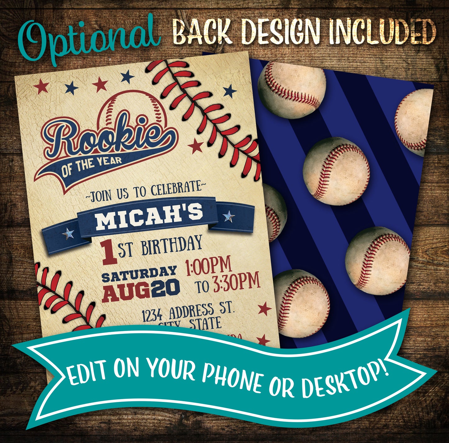 Rookie of the year baseball birthday invitation with back design