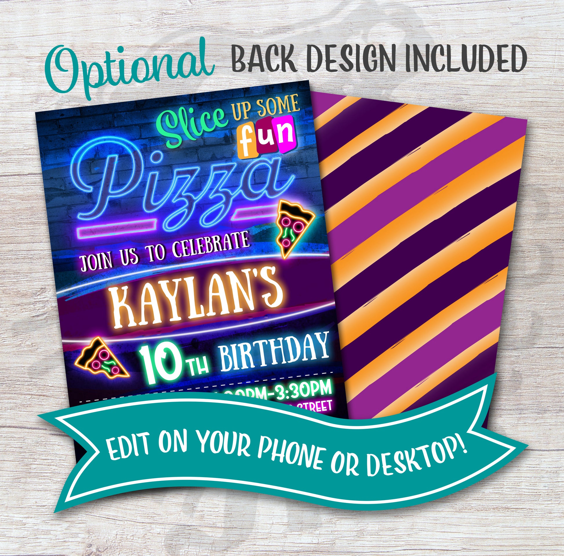 Neon pizza birthday party invite with back design