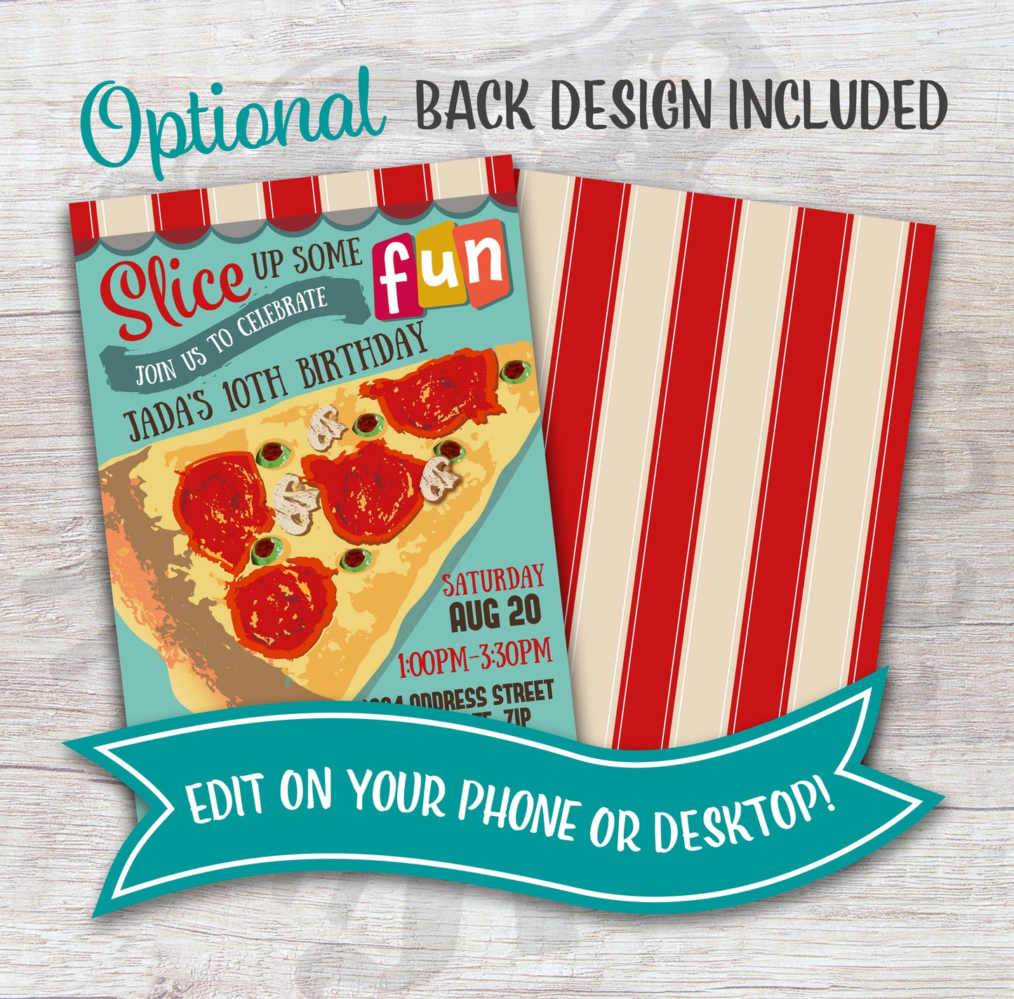 Vintage pizza party birthday invite with back design