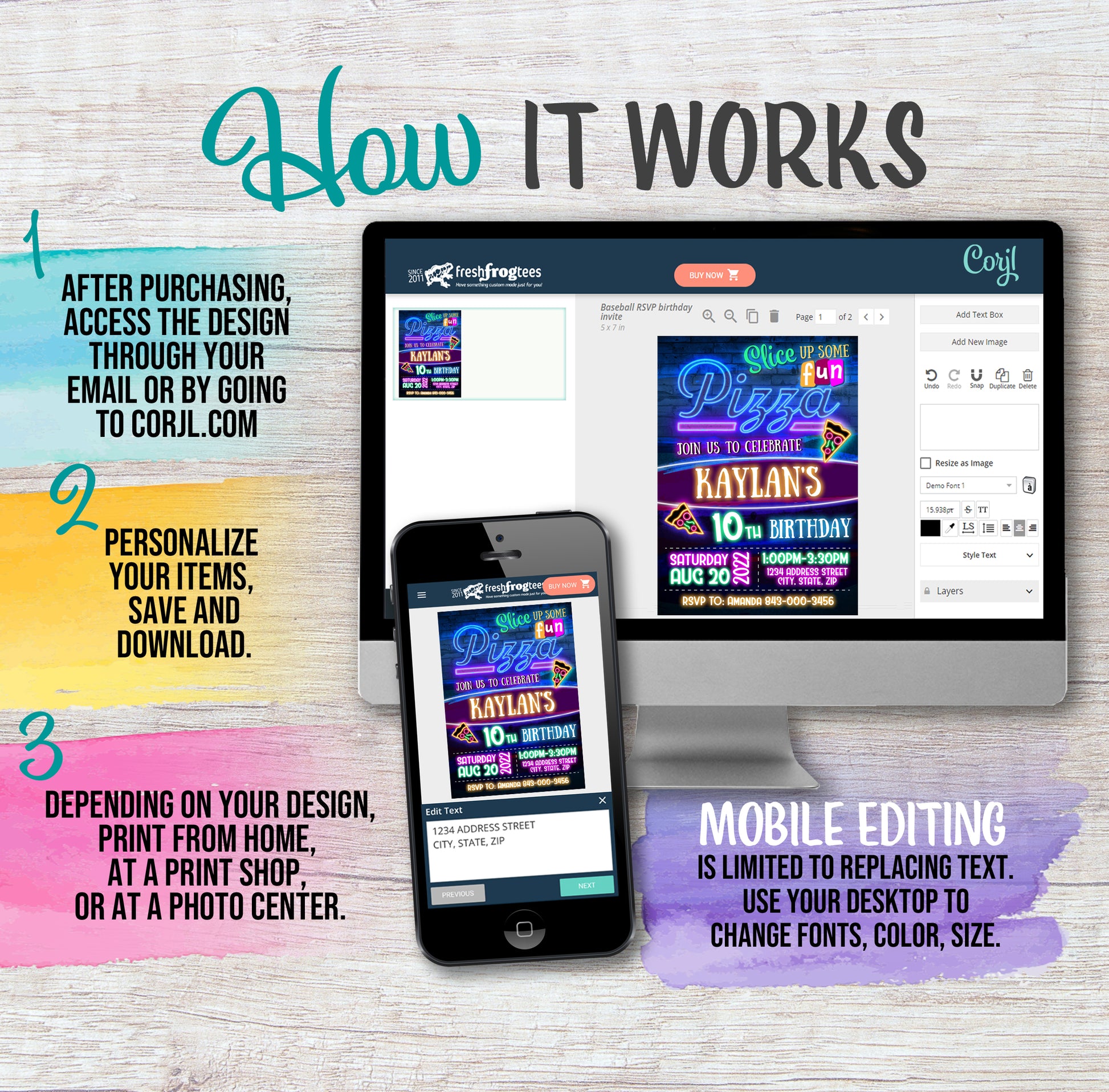 Neon pizza birthday invite Corjl instructions