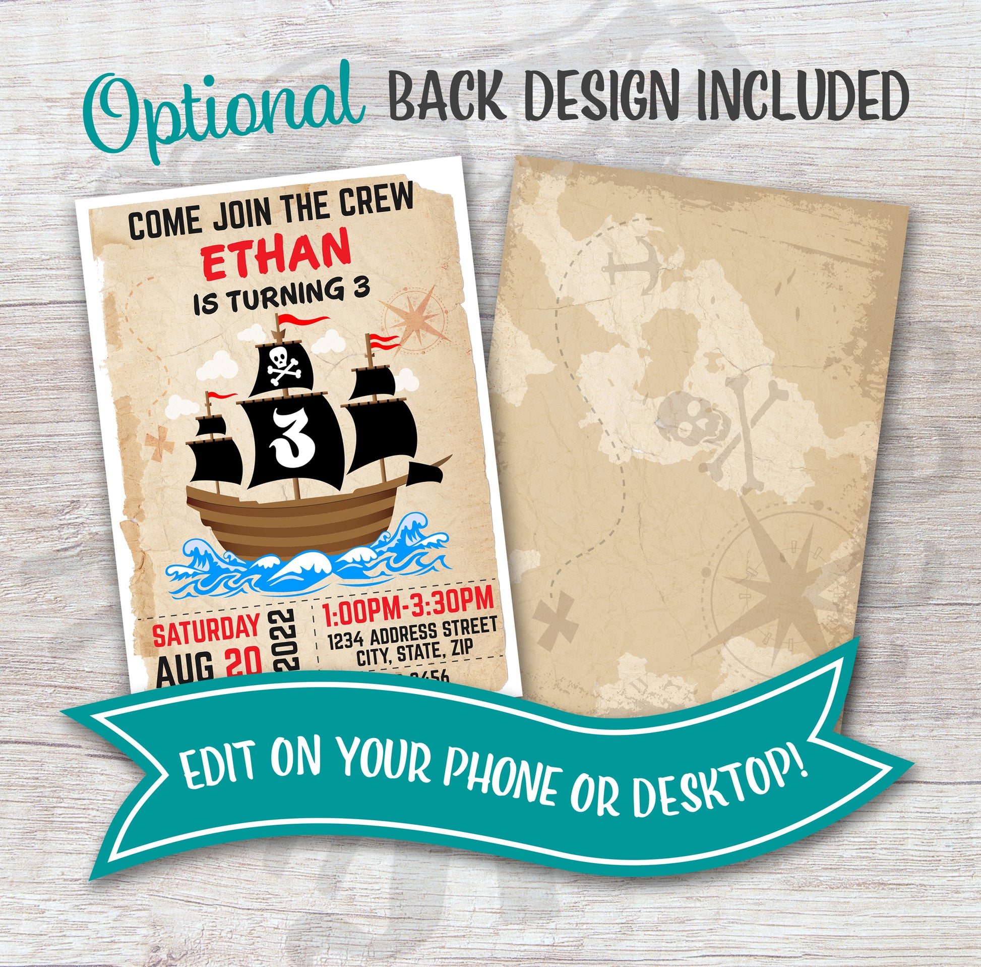 Pirate birthday invitation with back design
